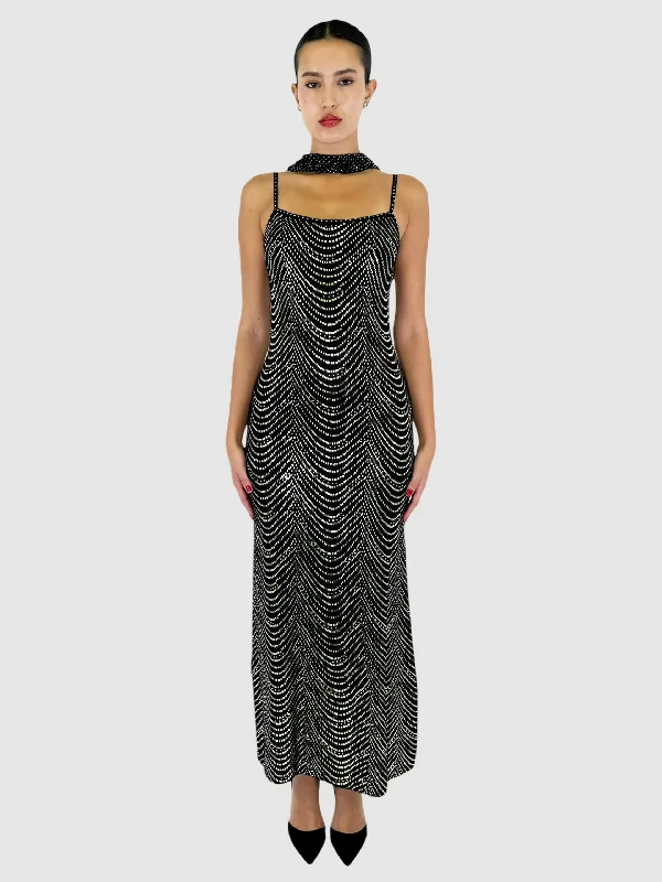 Knit Sequin Maxi Dress with Scarf - Size 6 Elegant Tiered Maxi Dress