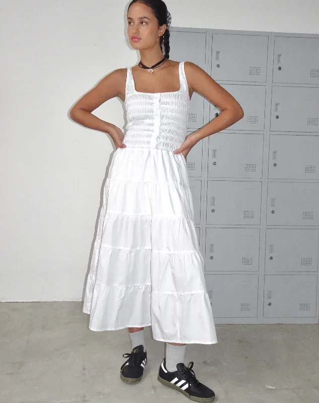Koizumi Tiered Maxi Dress in Poplin White Cozy Longline Maxi Dress