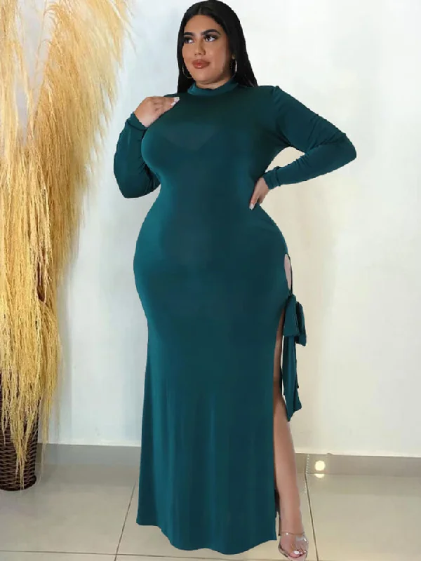 Long Sleeve Solid Lace Up Split Maxi Dresses Cozy Spaghetti Strap Maxi Dress