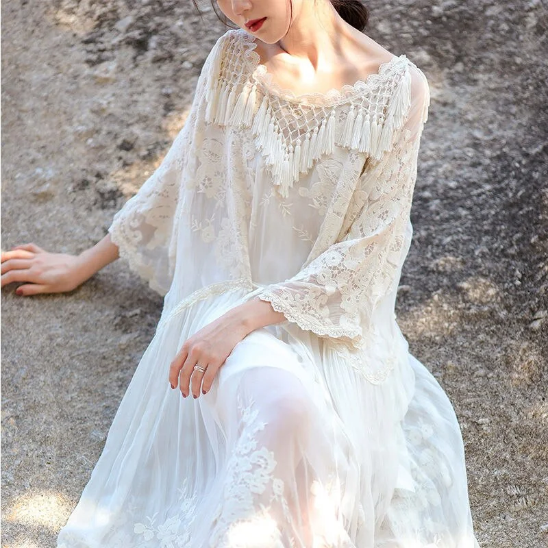Luxury Embroidered Lace White Boho Beach Summer Dress Fringe Tassel Novelty Loose Long Maxi Dresses for Women 2022 Lined Comfortable Maxi Dress with Sleeves