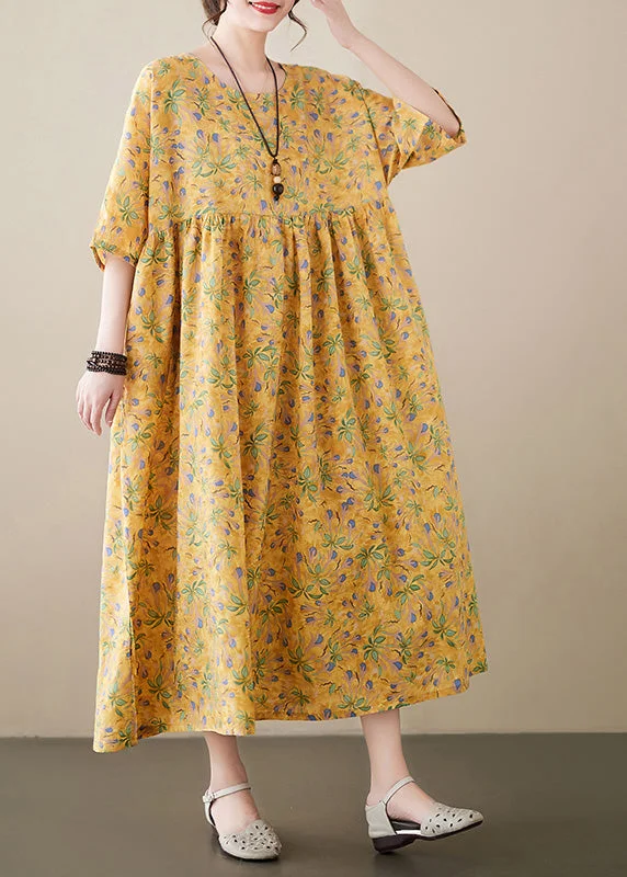 Novelty Yellow O-Neck Print Patchwork Cozy Cotton Maxi Dress Summer Stylish Maxi Dress with Pleats