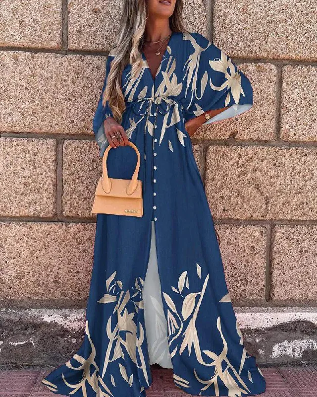 PLANTS PRINT TIED AND BUTTON DETAIL LARGE SLEEVE MAXI DRESS Fashionable Sleeveless Maxi Dress