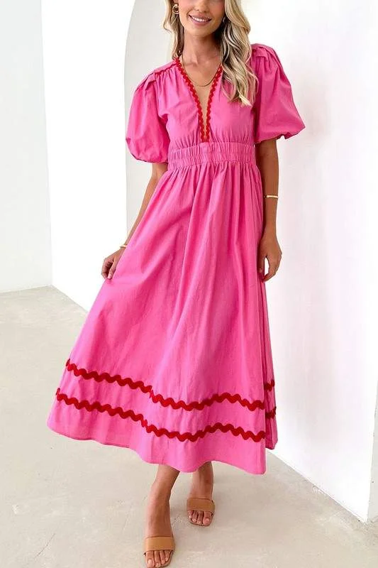 PLUNGING NECK PUFF MAXI DRESS Fashionable Faux Wrap Maxi Dress