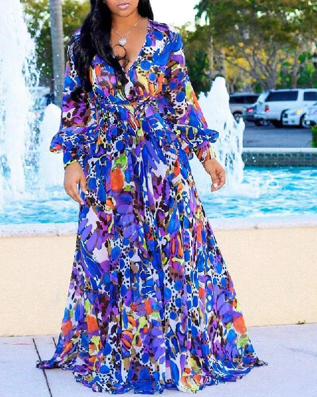 PLUS SIZE TROPICAL PRINT DEEP V BELTED WARP MAXI DRESS Cozy Cold-Shoulder Maxi Dress