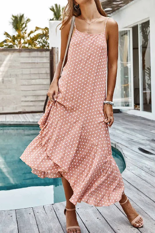 Polka Dot Spaghetti Straps Ruffled Maxi Dress Comfortable Maxi Dress with Belt