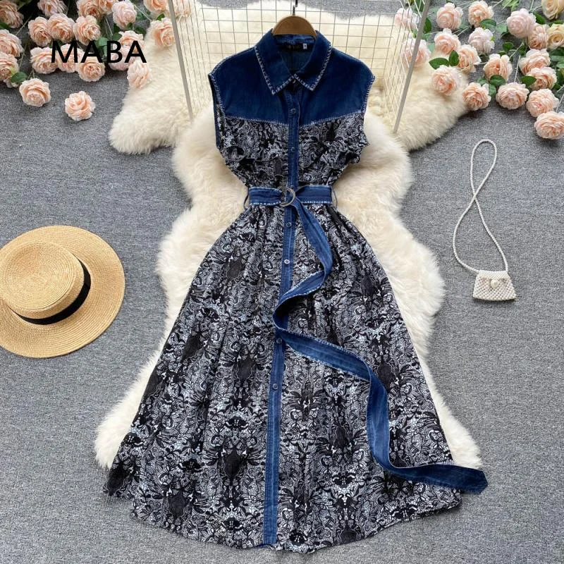 Runway  Sleeveless Dresses 2023 Women Polo Neck Single Breasted Vintage Floral Print Patchwork Denim Maxi Dress Robe Comfortable Fitted Maxi Dress