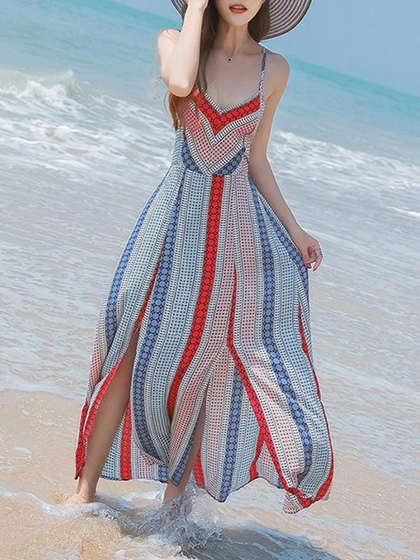 Sexy Bohemia Spaghetti Straps Deep V Neck Backless Beach Maxi Dress Elegant Boho Maxi Dress