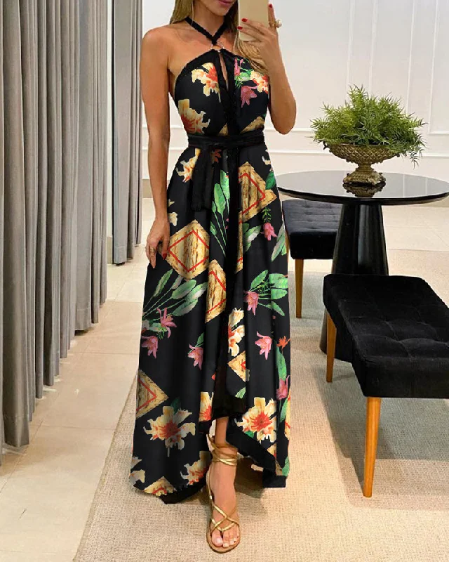 Sexy Women Halter Backless Maxi Dress Sleeveless Floral Print Long Dresses 2023 Summer Beach Party Ladies Vestidos Fashionable Halter Neck Maxi Dress