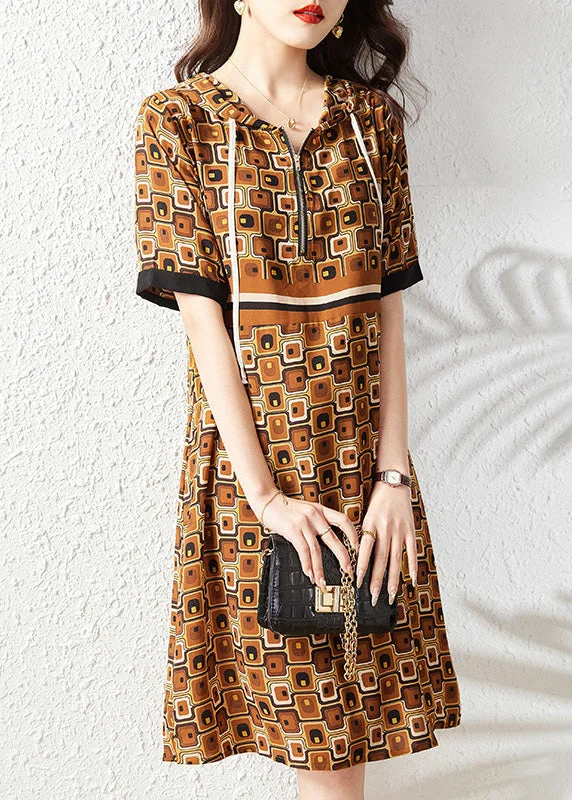 Slim Fit Coffee Print Zippered Hooded Chiffon Maxi Dress Summer Comfortable Flowy Maxi Dress