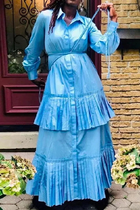 storexq Solid Color Classic Lace-Up Tiered Pleated Maxi Dress Comfortable Maxi Dress with Sleeves