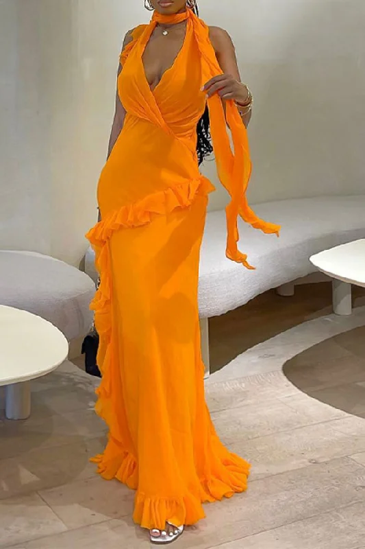 storexq Solid Color Unique Halter Collar Ruffle Maxi Dress Elegant Velvet Maxi Dress