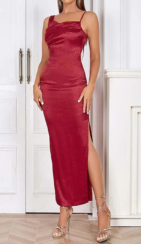 STRAP SATIN MAXI DRESS IN RUBY RED Cozy Wrap Maxi Dress