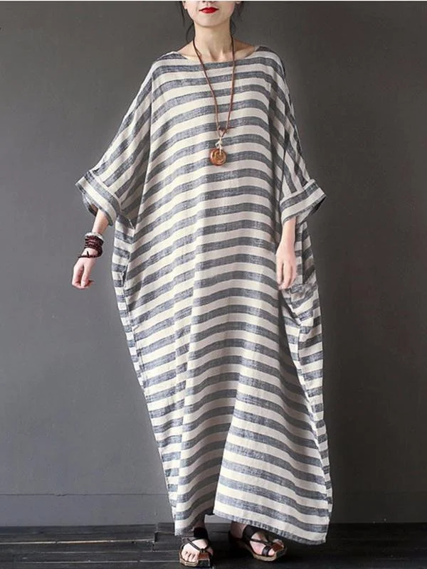 Stripe Loose Plus Size Casual Maxi Dress Cozy Longline Maxi Dress