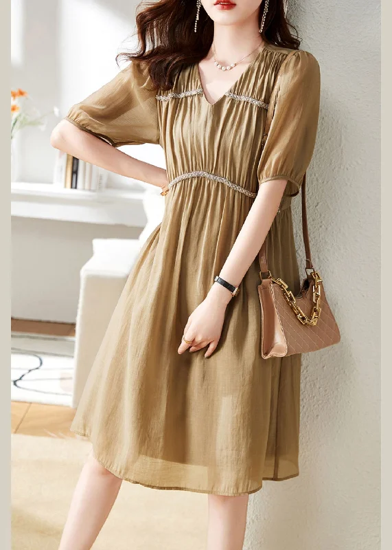 Stylish Khaki V Neck Patchwork Wrinkled Chiffon Maxi Dress Short Sleeve Stylish Boho Maxi Dress