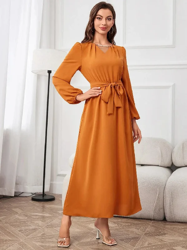 Tie Waist Puff Sleeve Maxi Dress Cozy Maxi Dress with Slit