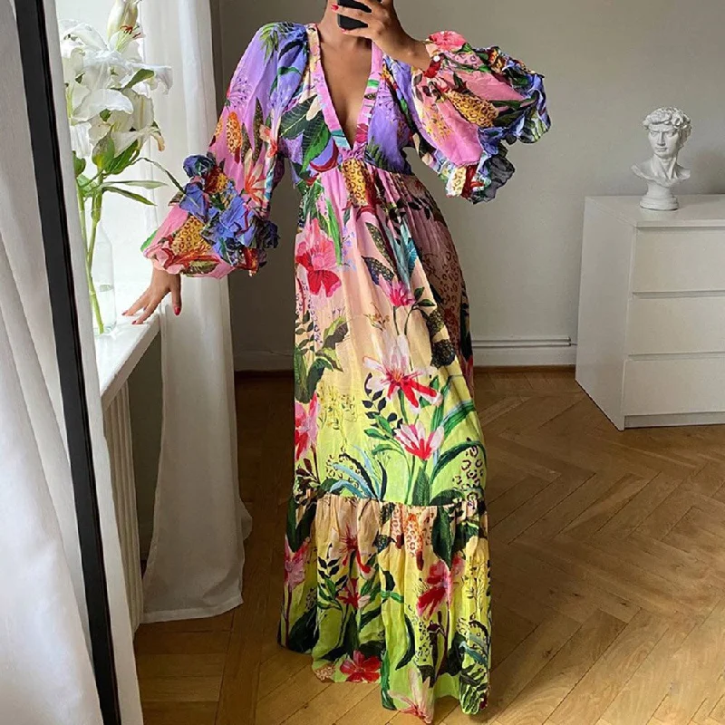 Women Bohemian Maxi Dresses Floral Printed Vintage Holiday Deep V Neck Sandbeach Holiday Dress Vestidos Sexy Party Long Sundress Stylish A-Line Maxi Dress