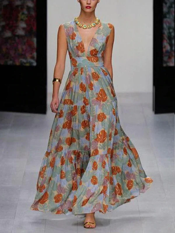 Women's Dresses Leaf Print V-Neck Sleeveless Maxi Dress Elegant Tiered Maxi Dress