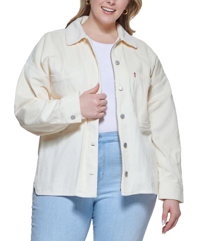 Trendy Plus Size Corduroy Cotton Shacket Feminine Satin Blouse