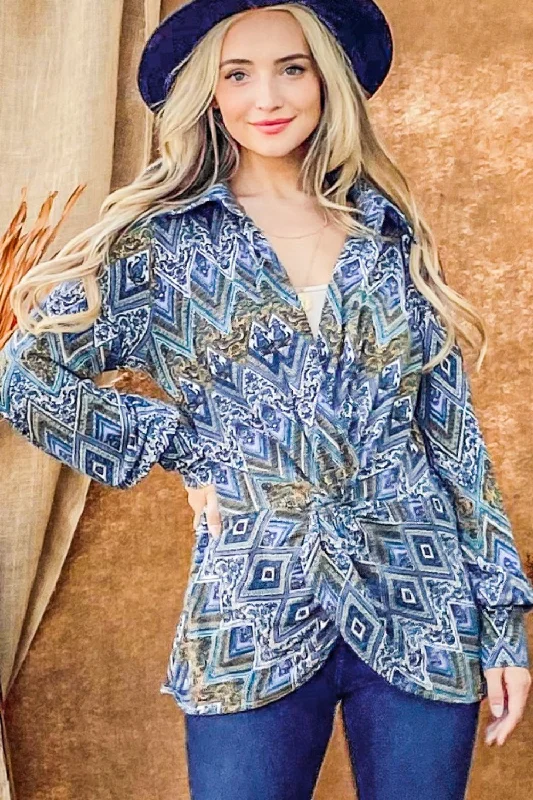 And The Why Print Twist Knot Long Sleeve Blouse High Neck Blouse