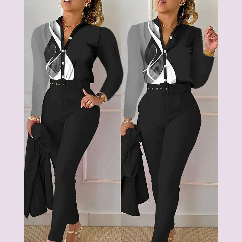 Elegant Women Shirt Two Piece Set Suits Fall New Fashion Print Long Sleeve Top Black Pants Set With Belt Blouses Female Clothing Ruffled Neck Blouse Elegant Women Shirt Two Piece Set Suits Fall New Fashion Print Long Sleeve Top Black Pants Set With Belt Blouses Female Clothing Ruffled Neck Blouse