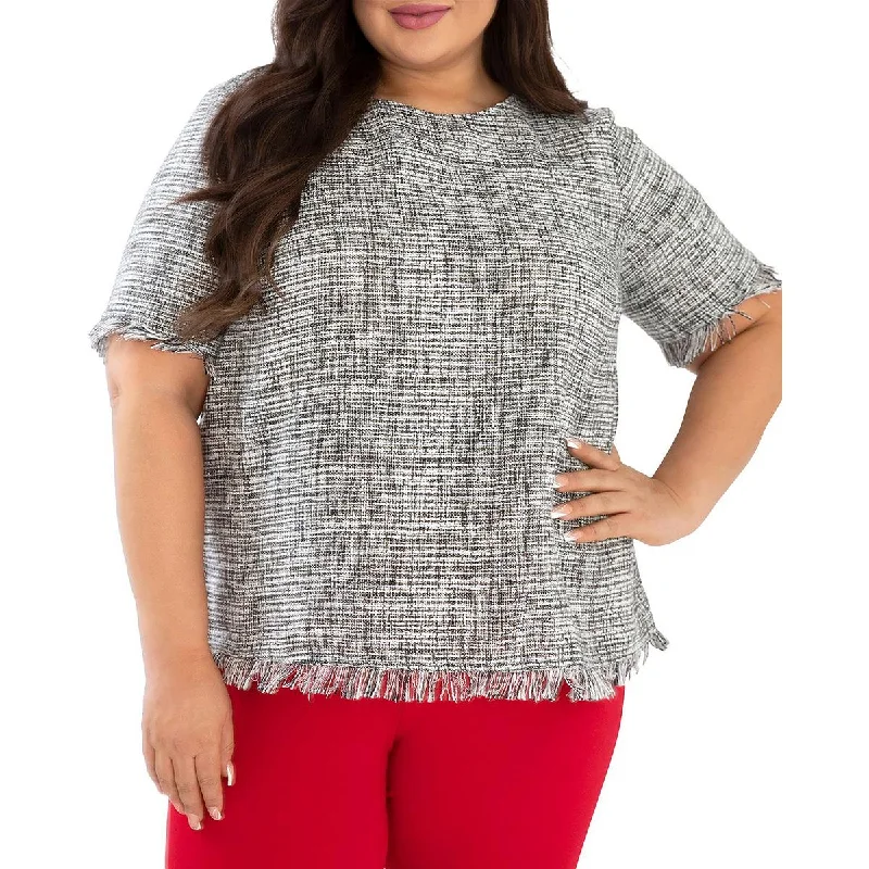 Maree Pour Toi Womens Plus Tweed Fringe Blouse Elegant Embroidery Blouse