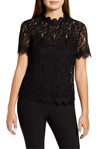 Anne Klein Women's Short Sleeve Lace Blouse (Anne Black, S/A) Feminine Satin Blouse