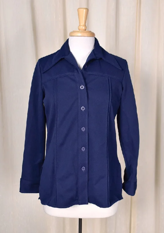 1970s Navy Blue Piped Blouse Cotton Casual Blouse