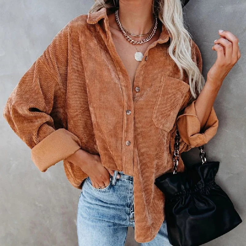 DressBetty - Corduroy Shirts Women Tops Solid Blouses Flowy Bohemian Blouse
