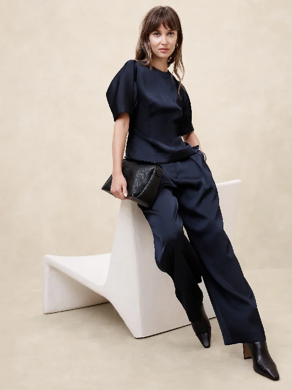 Double Satin Seamed Blouse Elegant Semi-Sheer Blouse