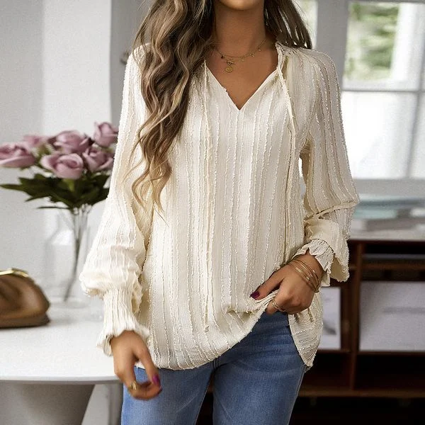 European style Summer V collar Long sleeve blouse Side Tie Blouse