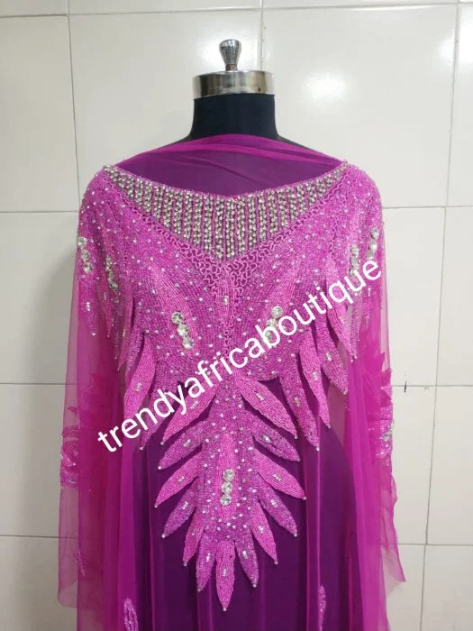Fuschia pink Heavily-beaded net for making blouses. Popularly use by Igbo/Delta/edo women for big Occasions. Comes in 1.8yds lenght already design for your beautiful blouse Elegant Silk Blouse