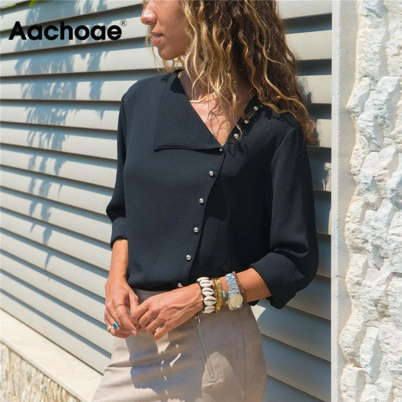 Leisure Long Sleeve Women Blouses and Tops Skew Collar Asymmetric Hem Blouse