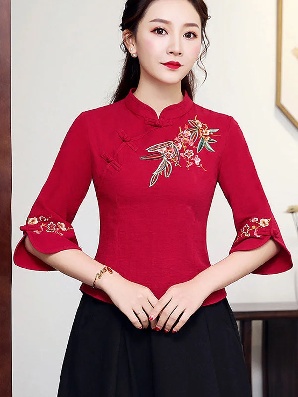 Red White Embroidered Linen Cheongsam Blouse Top Chic Ruffle Blouse