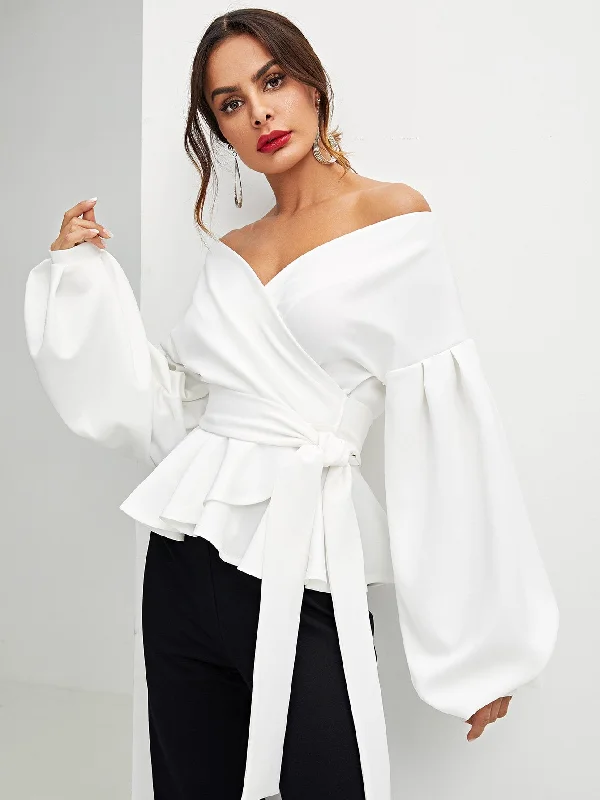 Unity Lantern Sleeve Surplice Belted Peplum Blouse Collared Satin Blouse