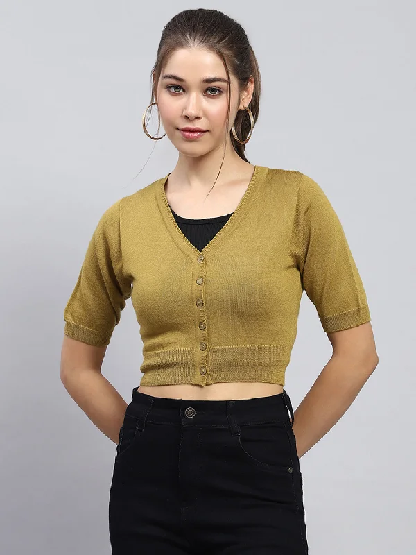 Women Khaki Solid V Neck Half Sleeve Blouse Lightweight Chiffon Blouse
