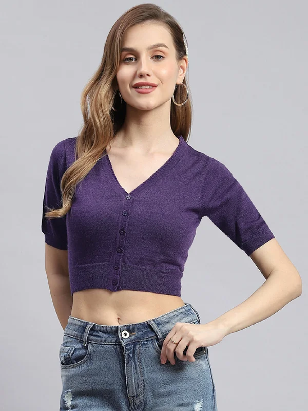 Women Purple Solid V Neck Half Sleeve Blouse Romantic Lace Blouse