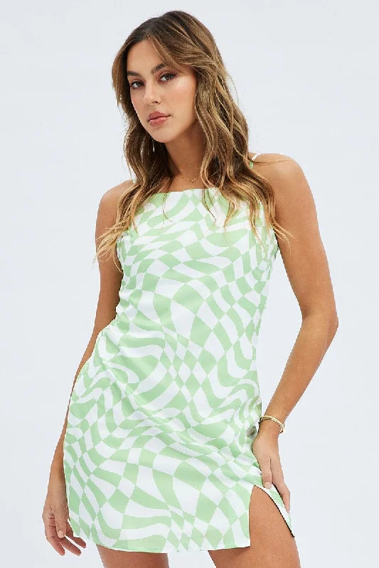 Abstract Print Mini Dress Short Sleeve Fashionable Denim Mini Dress