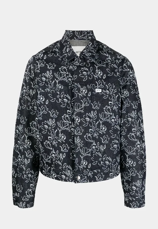 ARTE Jones Flowers Denim Jacket - Navy Herringbone Jacket Houndstooth Jacket Plaid Jacket