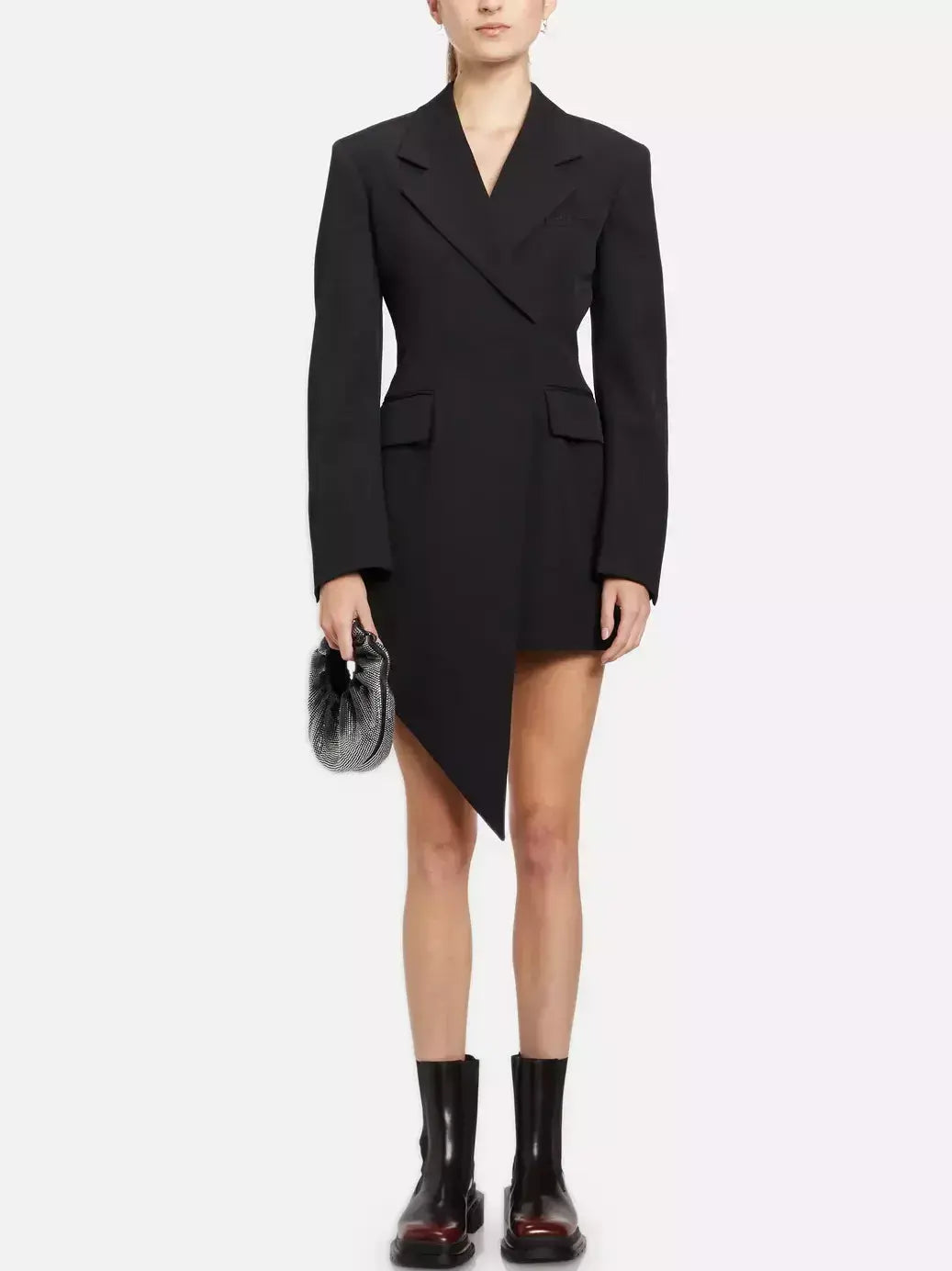 Asymmetrical Black Wool-Blend Blazer Mini Dress Elegant Silk Mini Dress