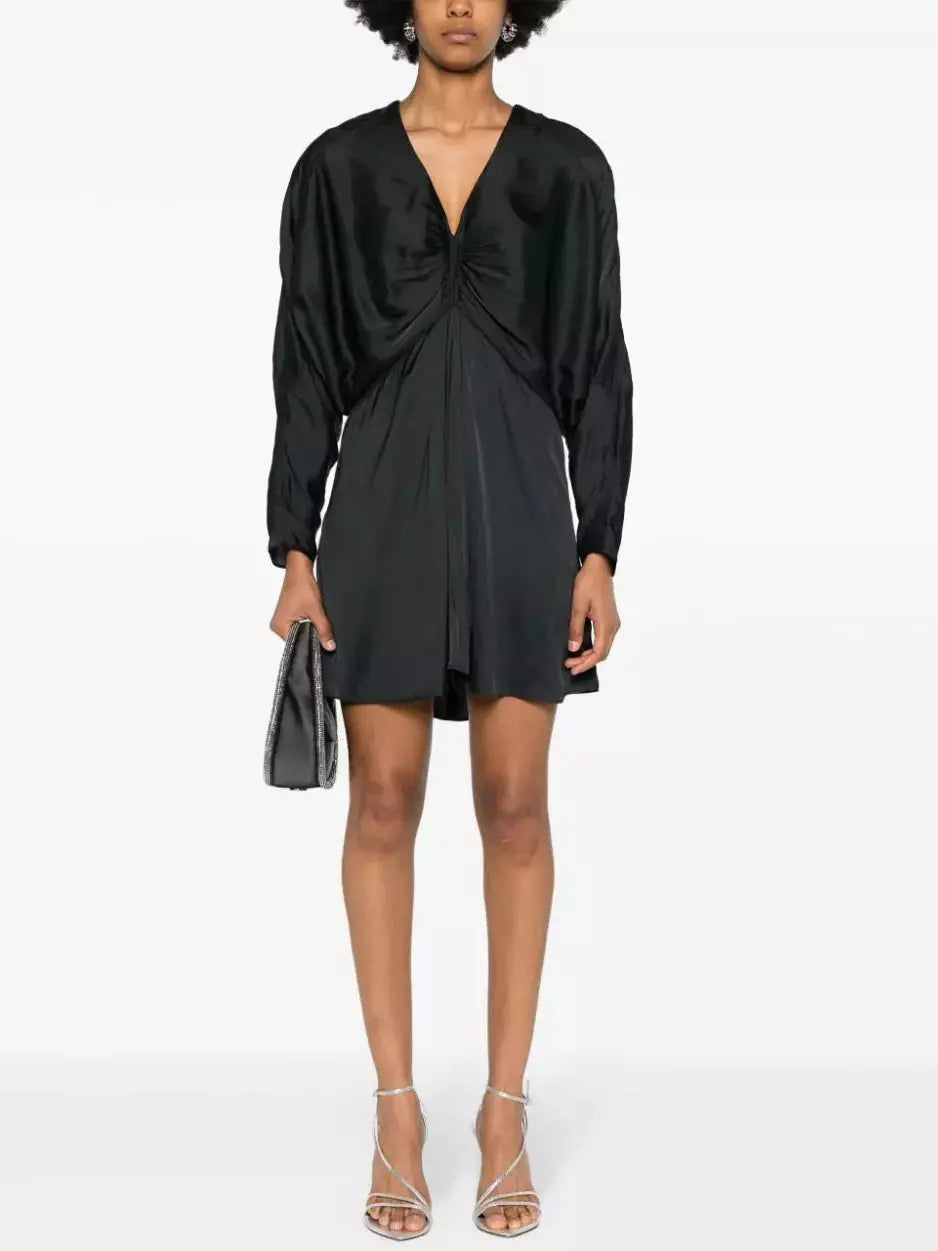 Batwing Black Satin Draped Mini Dress Stylish Sweetheart Mini Dress