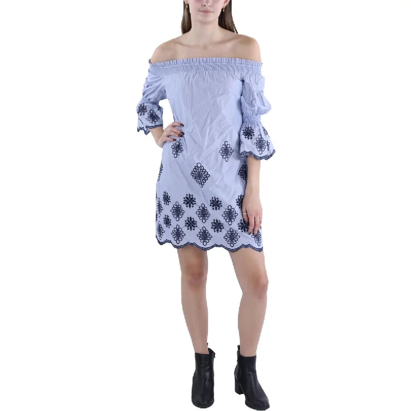 Womens Off-The-Shoulder Embroidered Mini Dress Comfortable Bodycon Mini Dress