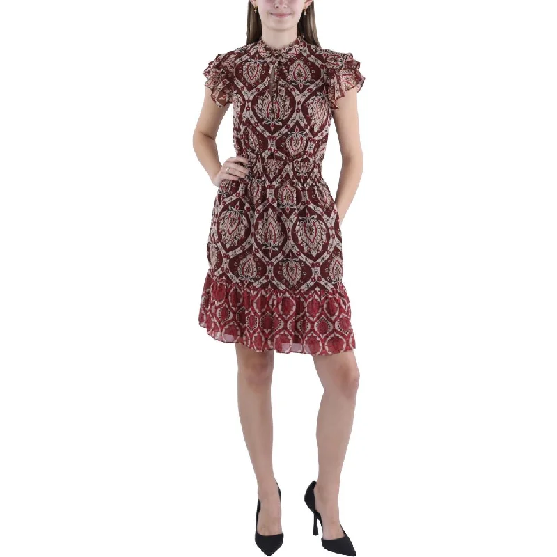 Womens Tie Neck Short Mini Dress Trendy Denim Mini Dress