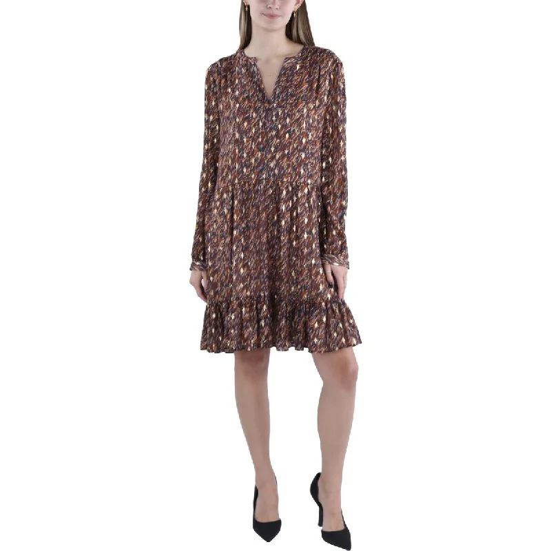 Womens Metallic Split Neck Mini Dress Classic Floral Print Mini Dress