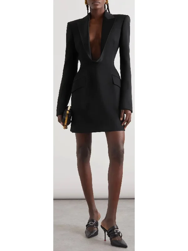 Black Draped Satin-Trimmed Mini Dress Cozy Ribbed Mini Dress