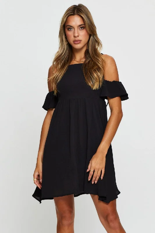 Black Mini Dress Off Shoulder Round Neck Elegant Mini Dress with Ruffles