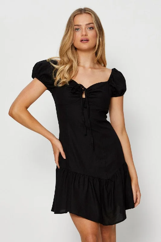 Black Mini Dress Skater Stylish Short Sleeve Mini Dress
