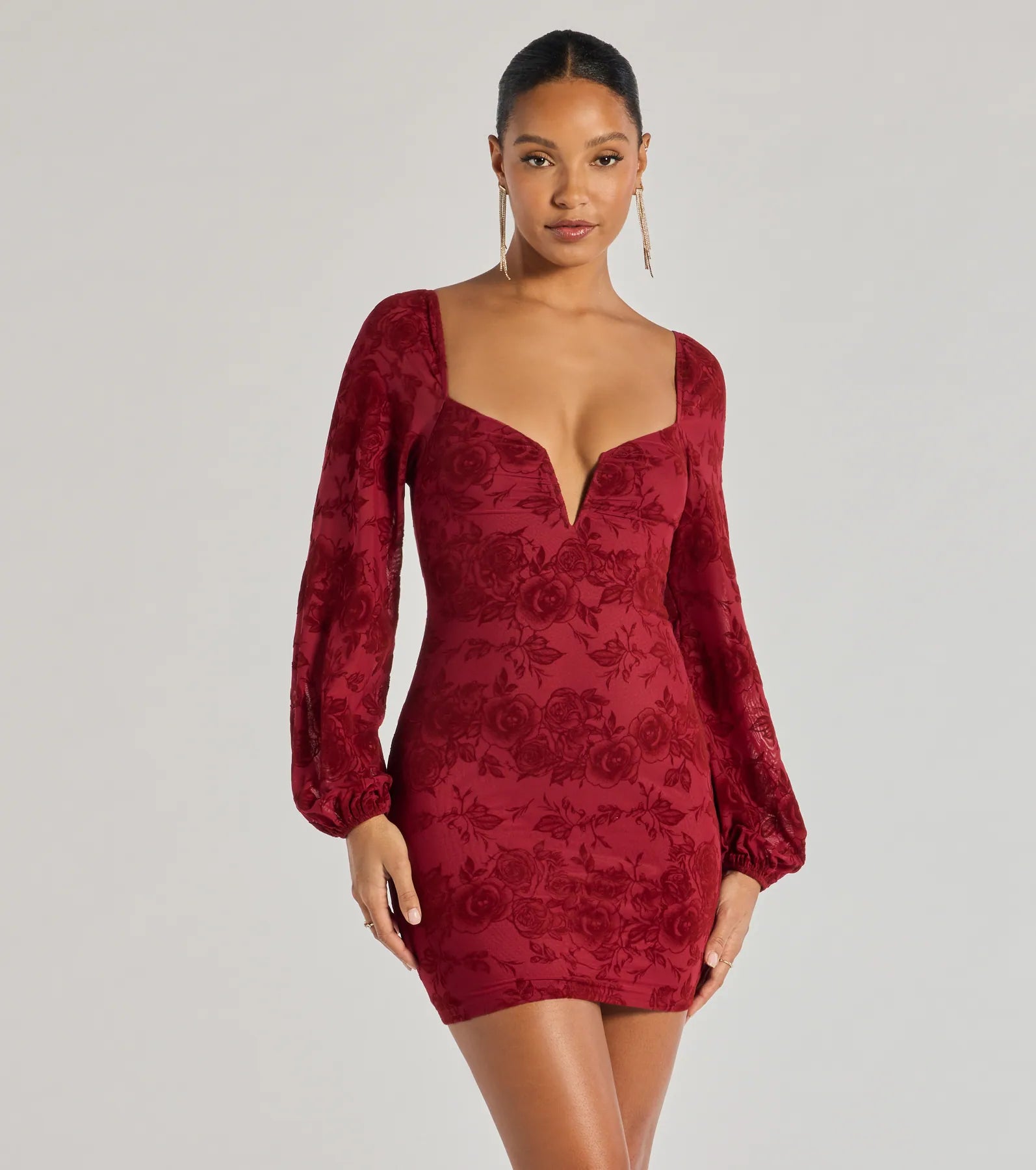 Blooming Beauty Floral Burnout Long Sleeve Mini Dress Cozy Jersey Mini Dress