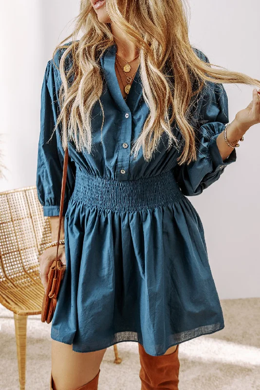 Blue Zone Planet |  Prussian Blue 3/4 Sleeve Shirred High Waist Buttoned Mini Dress Trendy Cut-Out Mini Dress