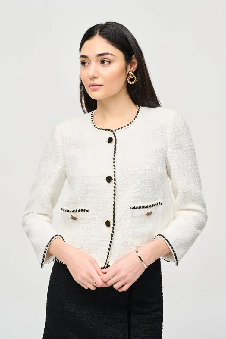 Bouclé Jacket With Contrast Trim - Winter White and Black Notch Collar Peter Pan Collar Cowl Neck Bouclé Jacket With Contrast Trim - Winter White and Black Notch Collar Peter Pan Collar Cowl Neck