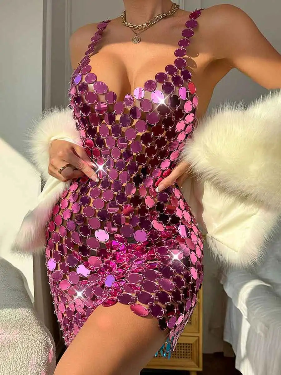 Bright Pink Sequin Dress - Sparkly Strappy Mini Dress Stylish Button-Down Mini Dress